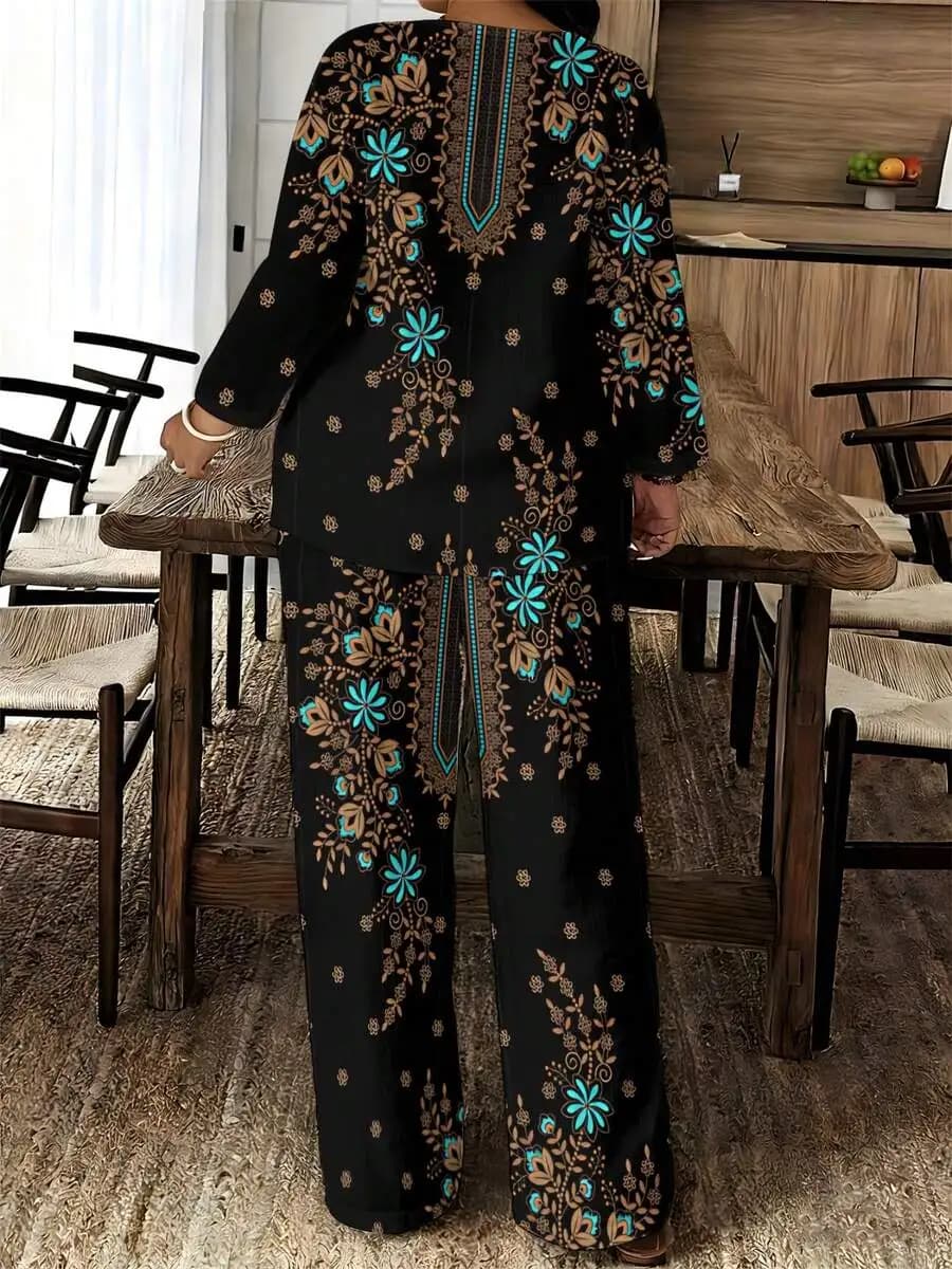 Luxury Black Floral Embroidered Two-Piece Outfit For Women Plus Size, Elegant Wide-Leg Pants And Long-Sleeve Top For Formal Or