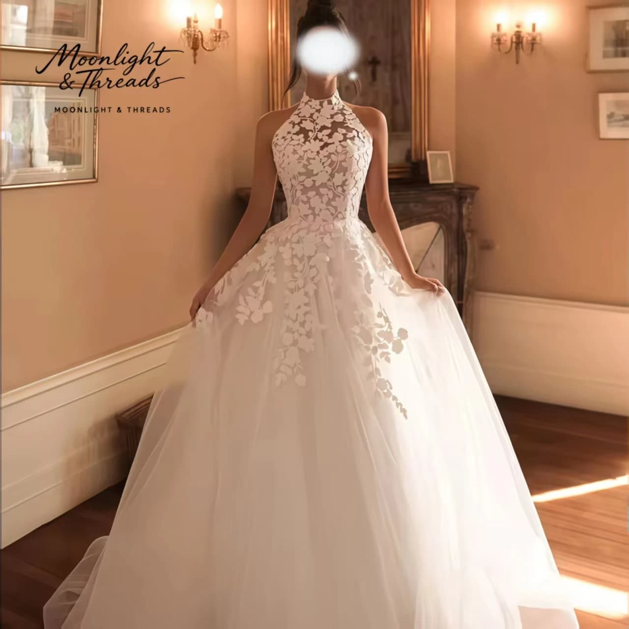 White halter-neck strapless sleeveless floor-length formal wedding gown with a full skirt open back and embroidery