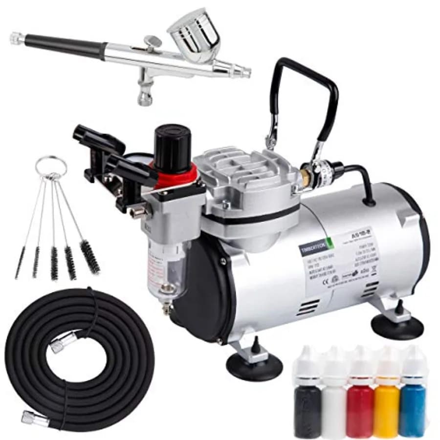 Kit Aerografo con Compressore AS18-2K, Kit Base per Principianti con Tubo dell'Aria, Spazzole per la Pulizia e Vernici di Prova per Hobby e Modellismo