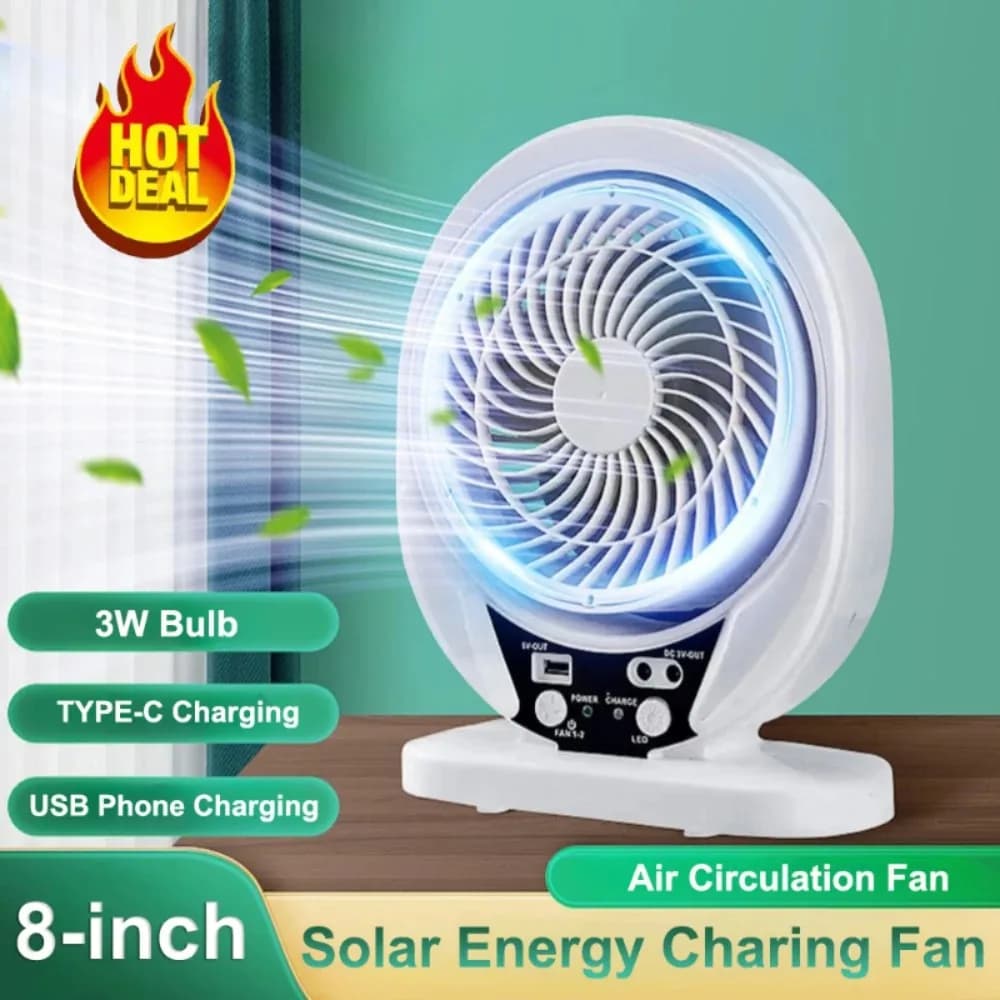 Ventilatore Solare Portatile Ricaricabile con Lampadina LED e Porte USB per Casa e Ufficio