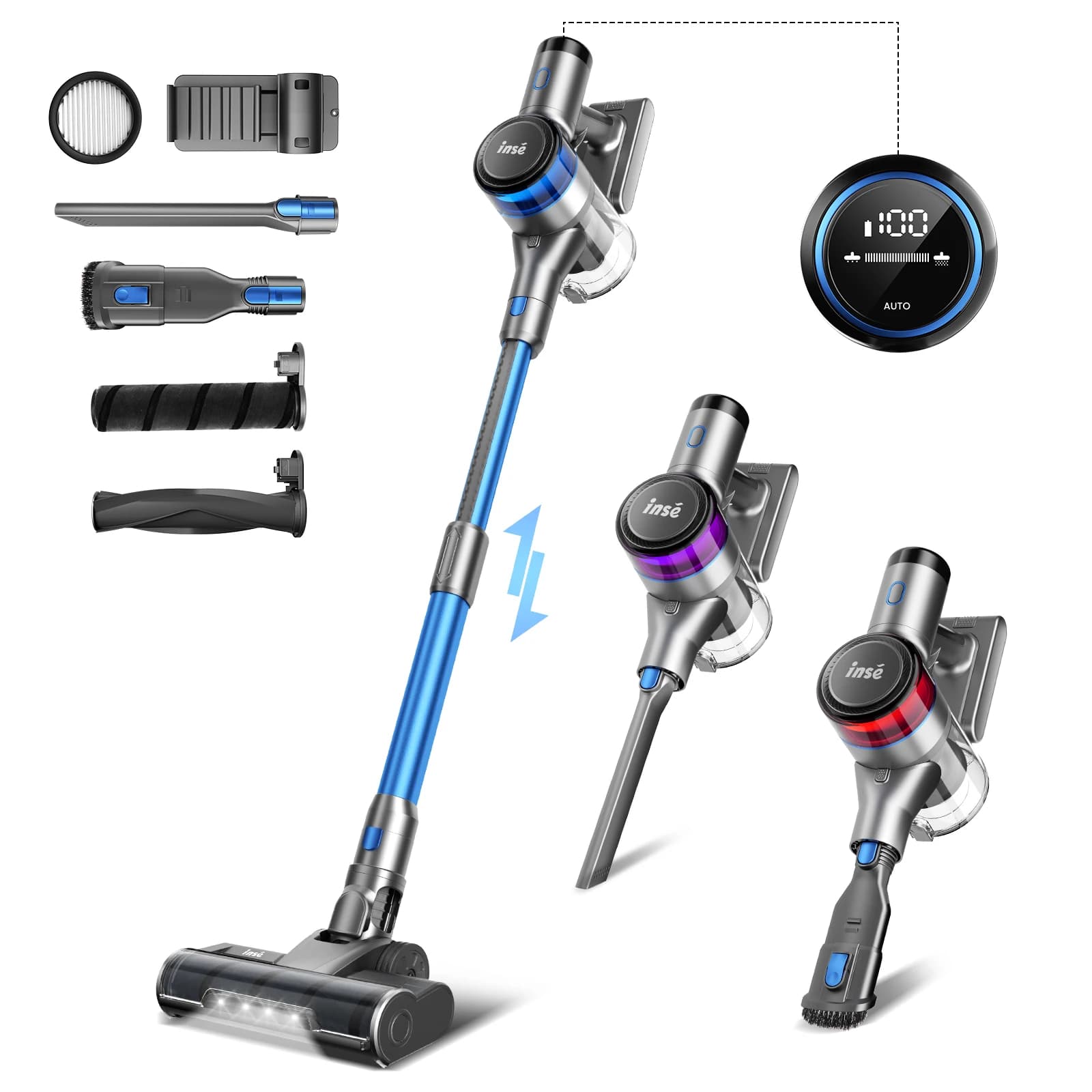 Aspirapolvere Cordless INSE, 30Kpa 400W con Display a LED, 4 modalità di aspirazione, Vac portatile con regolazione intelligente per pavimento rigido in moquette