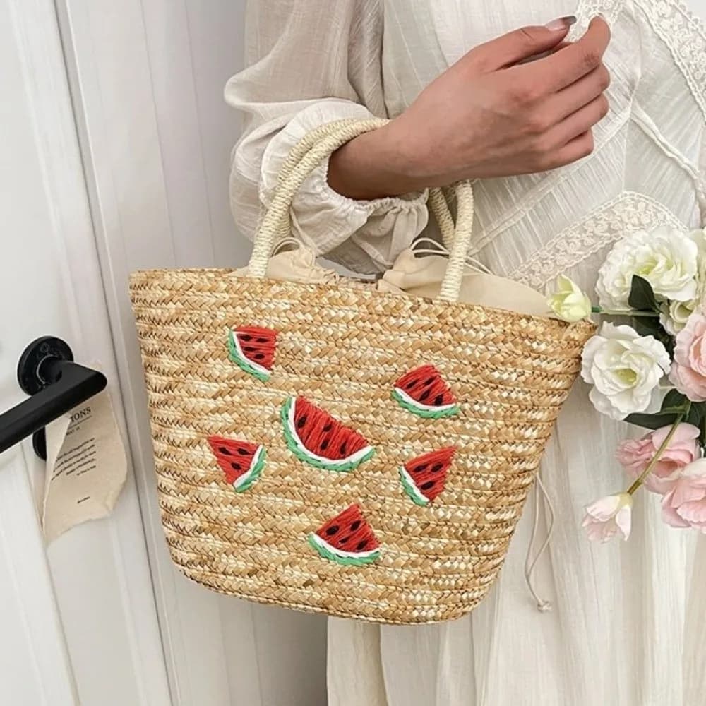 Borse Tote in Paglia Ricamate con Design Albero di Cocco, Borse a Mano Intrecciate Dolci e Casual, Borsa a Secchiello Stile Bohemien Nuovo Design