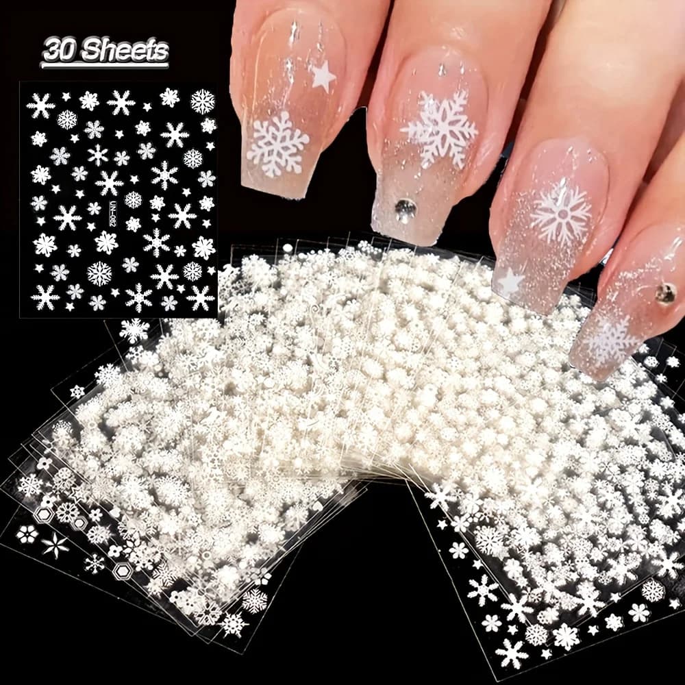 30 Christmas stickers sheets for nail art 3D, decals, supplies for nail art for women and s - Snowflake with self-adhesive snowflake