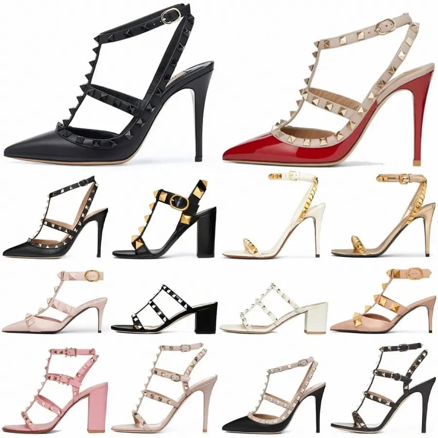 Sandali con tacco alto a 2 cinturini, scarpe eleganti con rivetti, scarpe di San Valentino, scarpe da donna di design a punta in pelle verniciata con borchie e cinturini