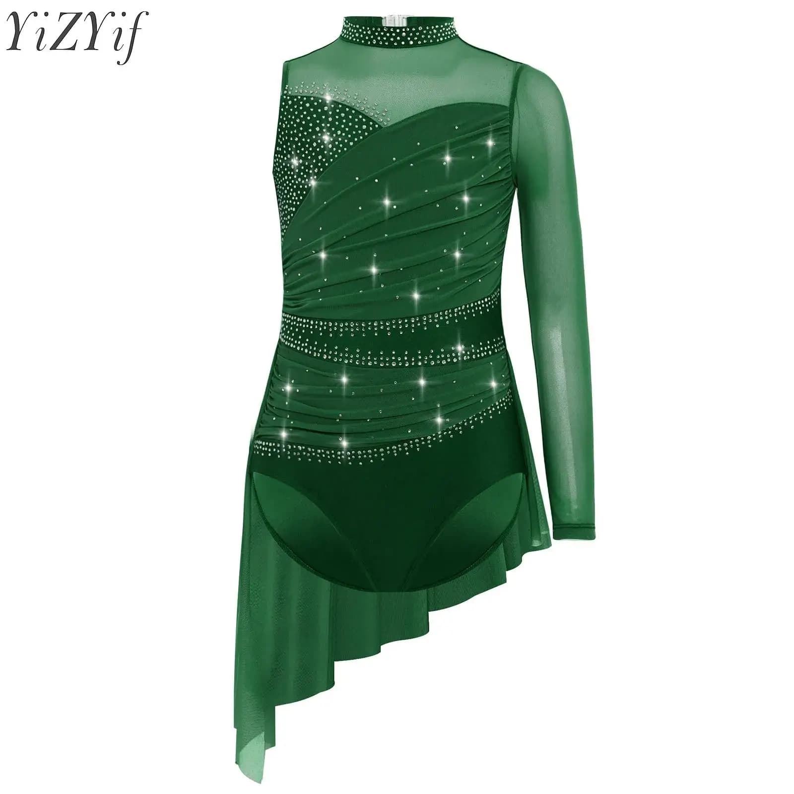 Body da balletto per bambina, vestito da pattinaggio di figura, ginnastica lirica, allenamento, abbigliamento da ballo, strass, costume da spettacolo in rete increspata