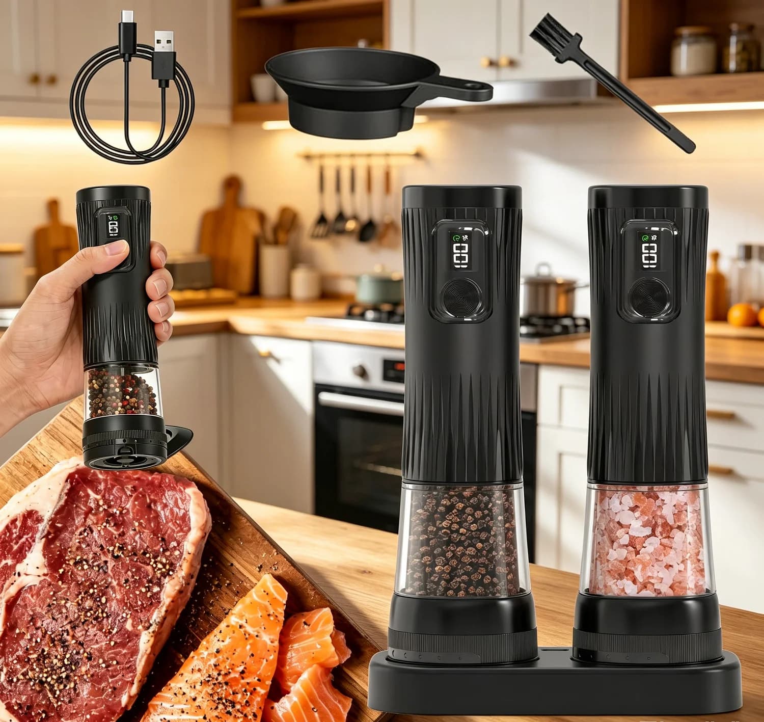 Set Macinapepe e Macinasale Elettrico Ricaricabile con Luce LED One-Touch, Macina Spezie in Ceramica, Regolazione della Macinatura, Automatico