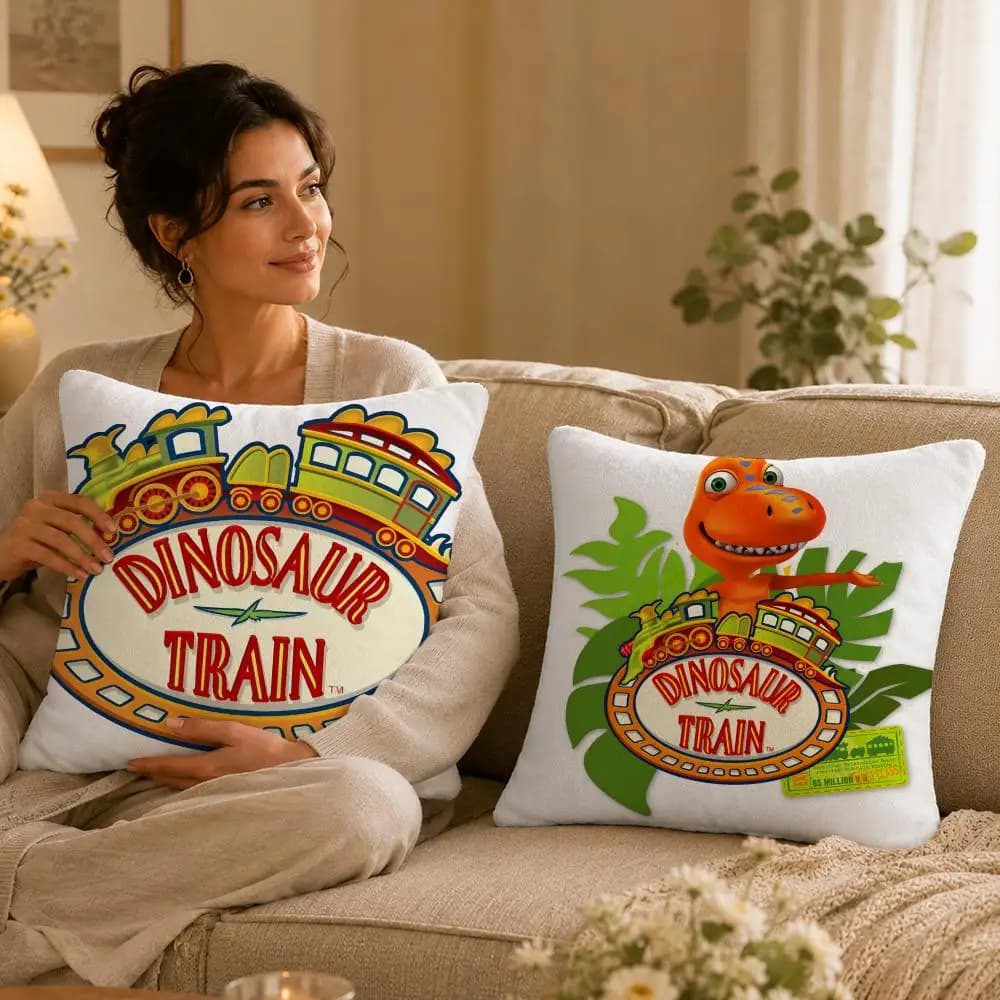 Cartoon D-Dinosaur Train Cushion Cover Soft Plush Pillow Cover Washable Square Cushion Case for Sofa Bed Chair Home