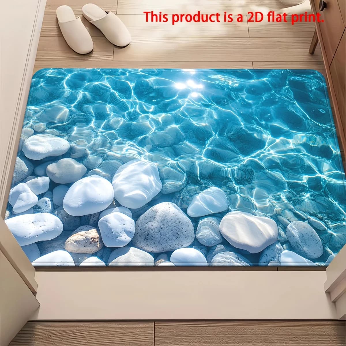 3D Water Ripple Door Mat, Blue Ocean Stones Entrance Rug, Realistic Water Effect Floor Mat, Non-Slip Absorbent Carpet