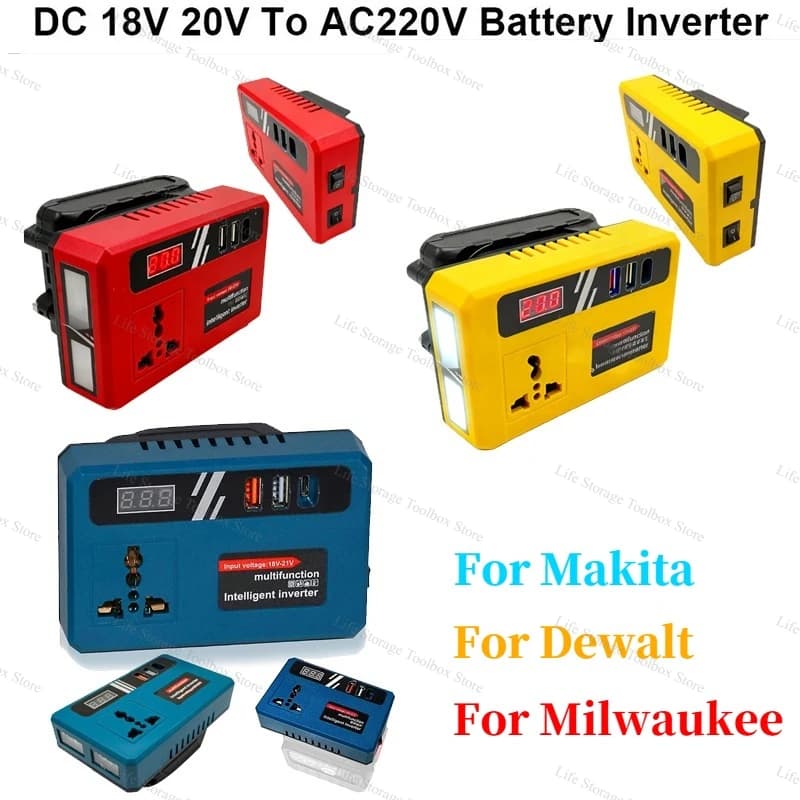 Inverter da 18V/20V a 220V con 3 USB, Trasformatore Intelligente LED e 1 Presa per Uso Domestico, Compatibile con Batterie Makita/Dewalt/Milwaukee 18V