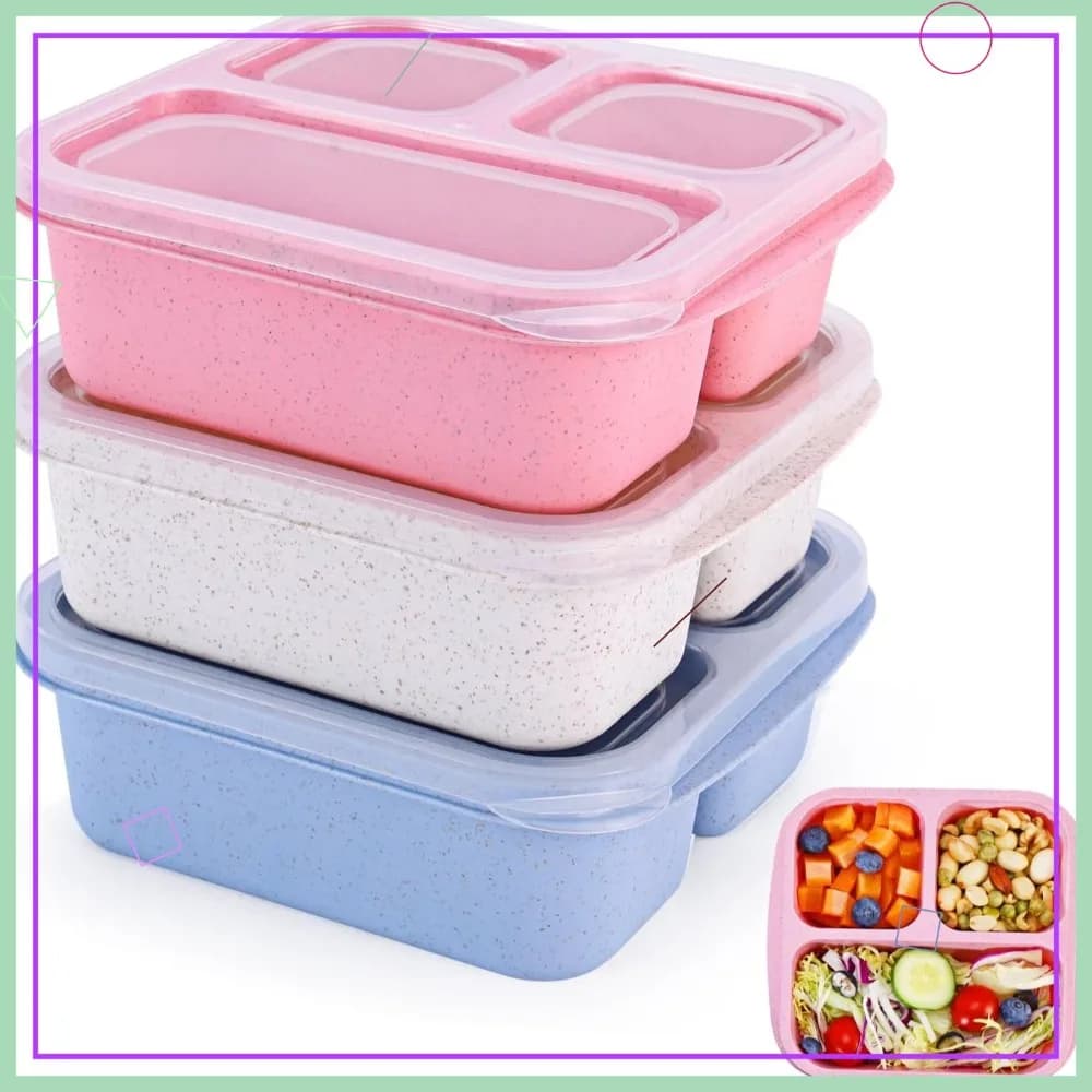 Set di 3 Contenitori Bento con 3 Scomparti, Contenitori per Controllo Porzioni e Snack per Preparazione Pasti, Scuola e Viaggi, Riutilizzabili Senza BPA