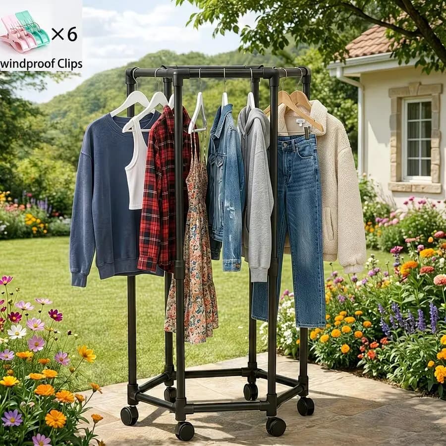 Rotating Clothing Rack With Wheels, Heavy Duty Metal Garment Rack For Hanging Clothes, Multifunctional Rotating Clothing Organiz