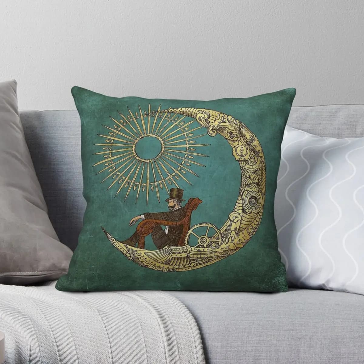 Moon Travel Steampunk Federa quadrata Poliestere Lino Velluto Modello Zip Decor Federa per cuscino Fodera per cuscino per la casa