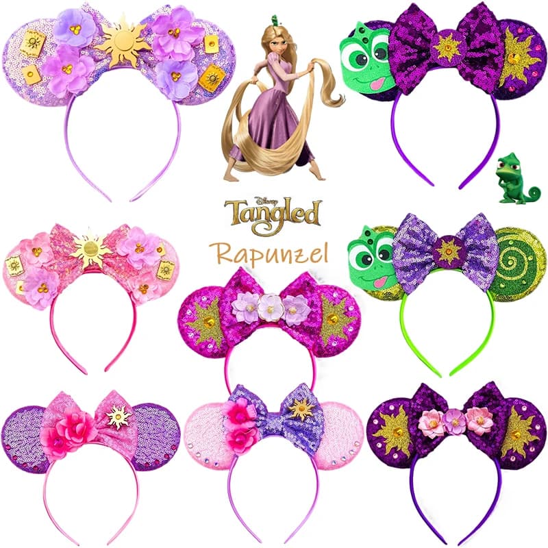 Disney Rapunzel Accessori per capelli per ragazze Camaleonte Orecchie di girasole Fasce per capelli Donna Fasce per capelli aggrovigliate Bambini Paillettes Arco Copricapo
