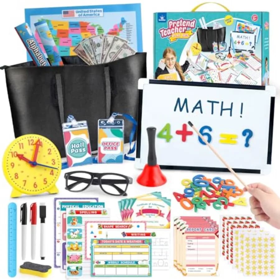 Set Gioco di Ruolo Insegnante con Numeri, Campanello, Lavagna, Orologio Educativo, Oltre 40 Pezzi Inclusi, Giocattolo Educativo Ideale per la Classe
