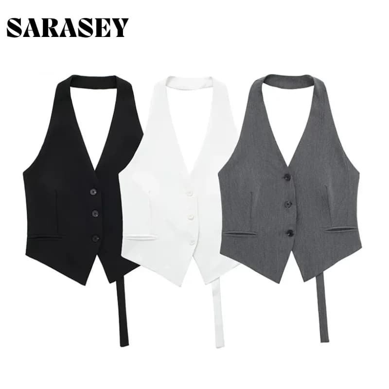 Top Corto Estivo da Donna Y2K 2026 Sexy con Spalle Scoperte, Scollo a V, Senza Maniche, Nero e Bianco