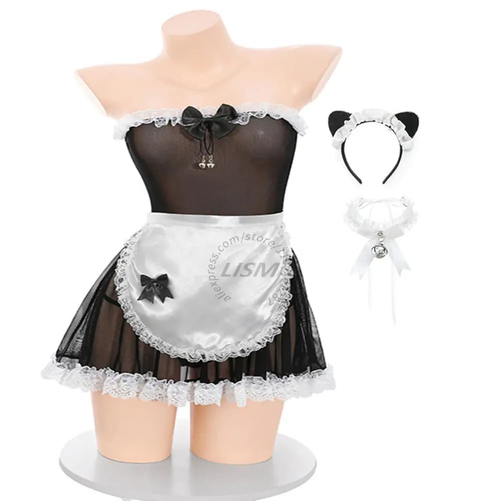 LISM Sexy French Maid Costume Sheer Mesh Lace Trim Lingerie Set with Apron for Cosplay Role Play