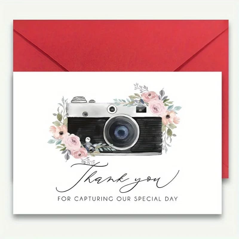 Wedding photographer thank you greeting card with flowers and camera pattern, thank you for capturing our big day, photographing our wedding, with envelope