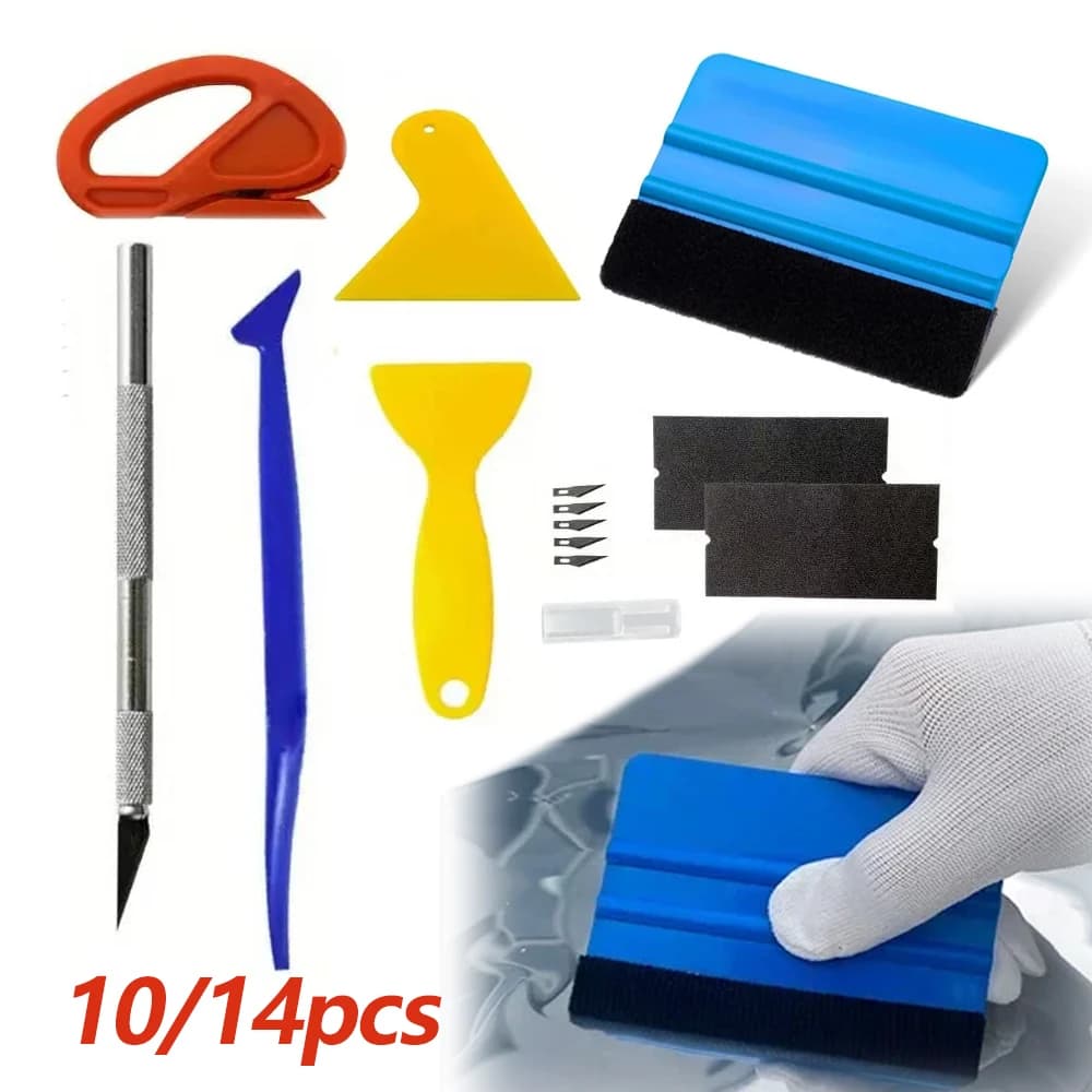 10/14pcs Kit di strumenti per vinile Kit di strumenti per tinta di pellicola per finestre Strumento per tagliare la pellicola automobilistica Strumento per avvolgere l'auto Seccatoio per bordi in feltro