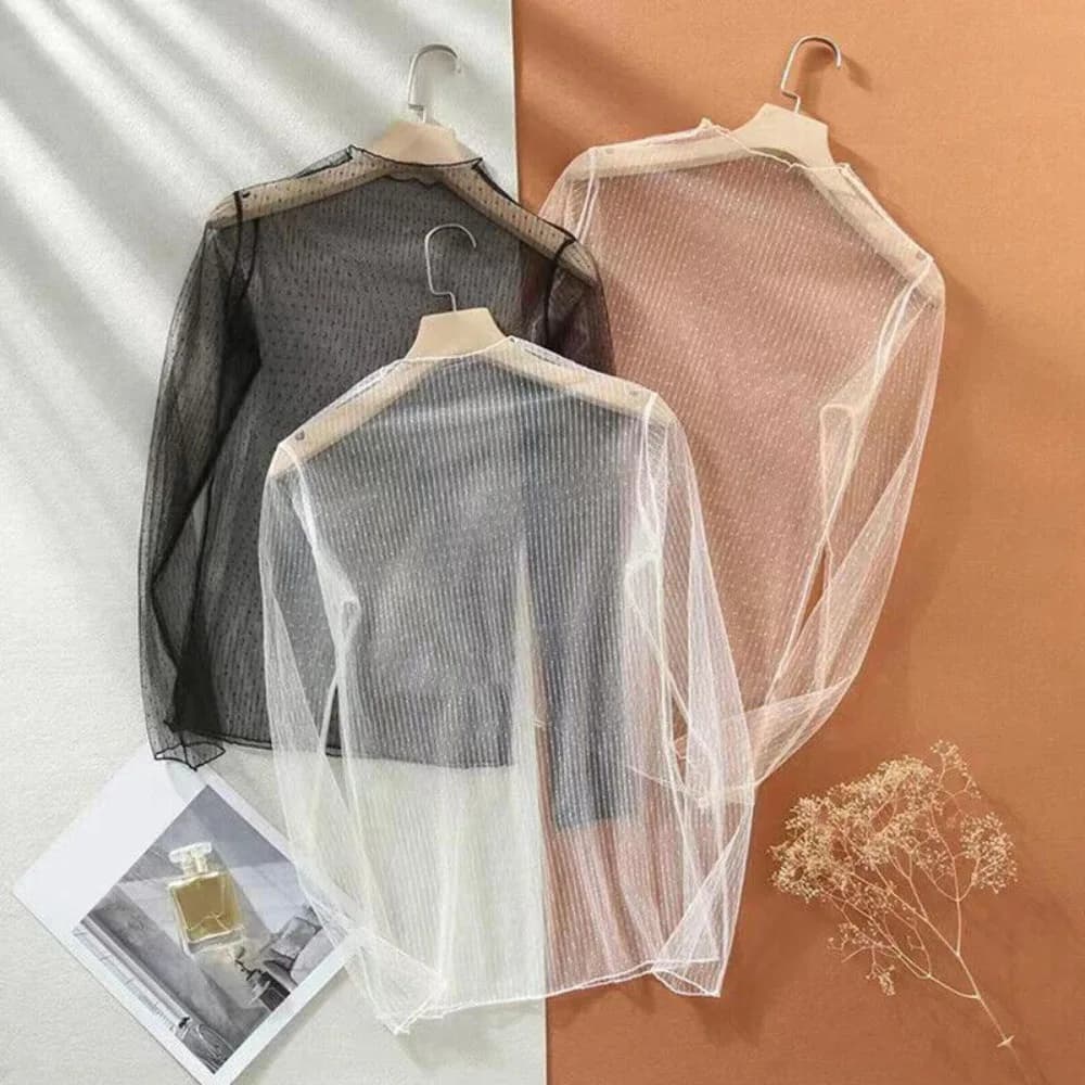 T-shirt da donna a maniche lunghe velate in rete Top da donna Summer Beach Vedi attraverso la camicetta