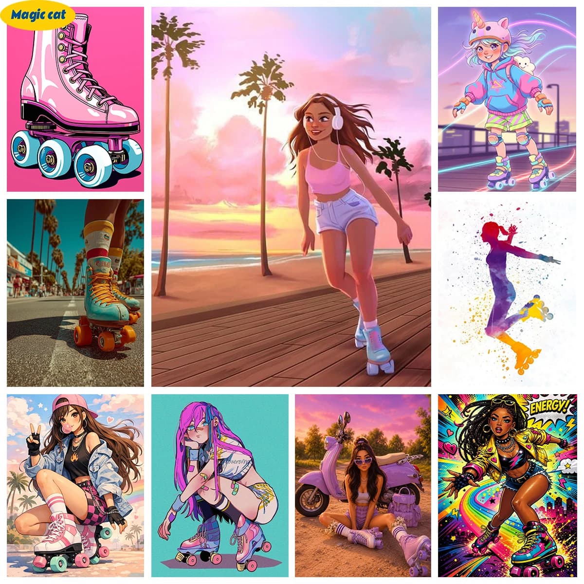 Trendy Dopamine Girl DIY AB Diamond Painting Street Roller skating 5D Diamond Embroidery Art Bedroom Home Decor Gift