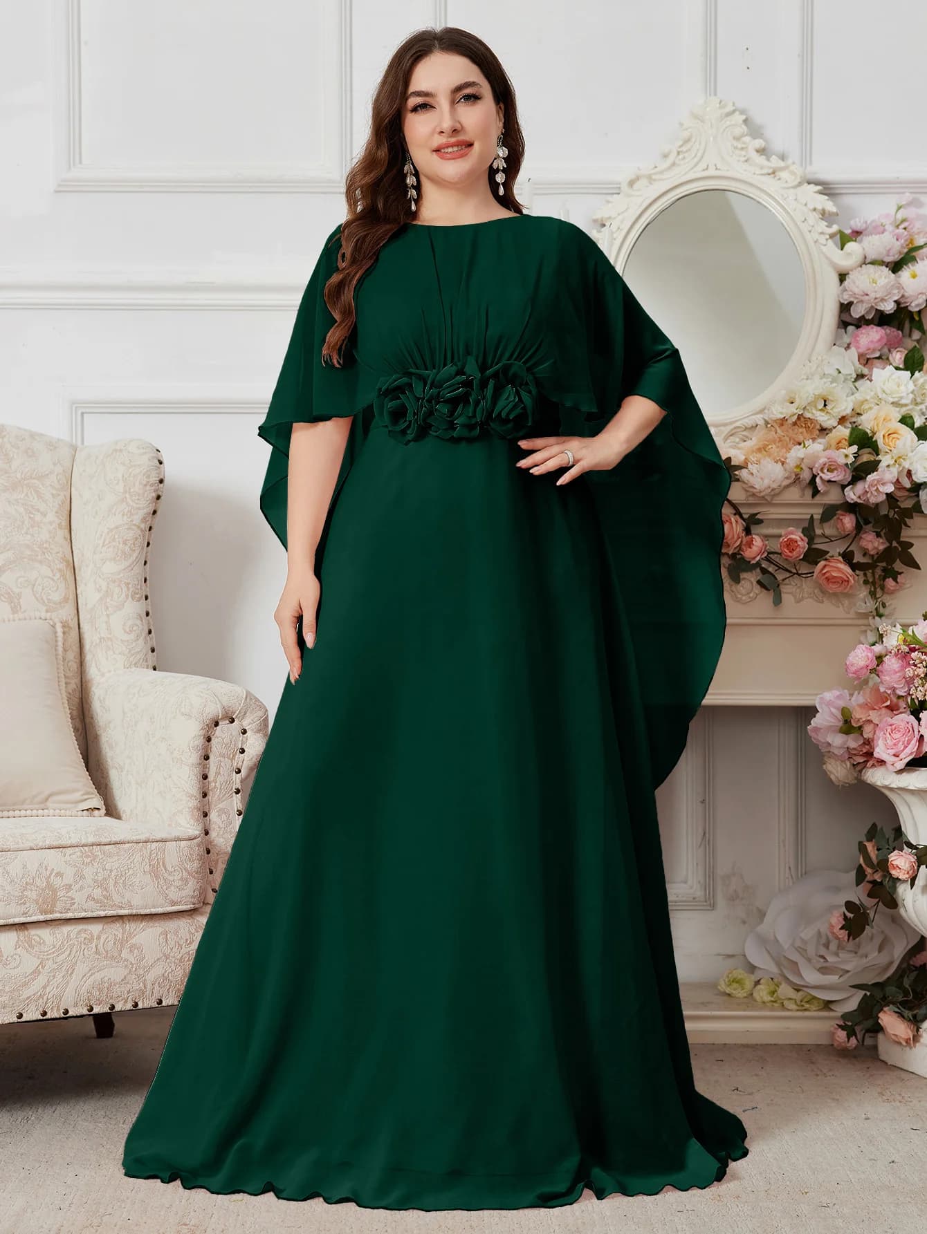 UNITHORSE Pink Elegant Evening Gown with Round Neck, Cap Sleeves, Cinched Waist & 3D Floral Details, Full Skirt Dress