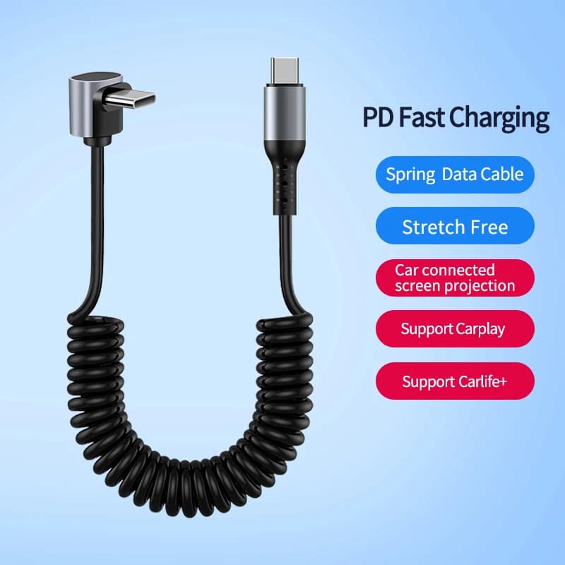 Cavo da USB C a USB C a spirale ad angolo retto, 90 ° Cavo di tipo C per Carplay, cavo di ricarica retrattile per iPhone 17, Samsung Galaxy S25/24