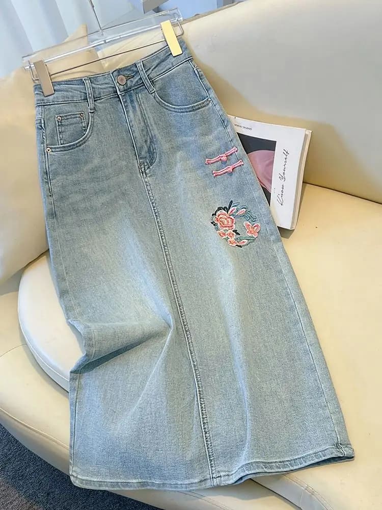 Gonna midi in denim ricamata a vita alta da donna, gonna a trapezio con spacco, gonna aderente, nuova collezione primavera estate, stile cinese