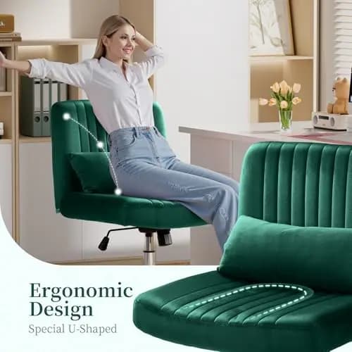 Sedia Girevole Senza Braccioli in Velluto Verde Smeraldo con Cuscino Ergonomico a U, Seduta Ampia per Ufficio, Toeletta o Studio