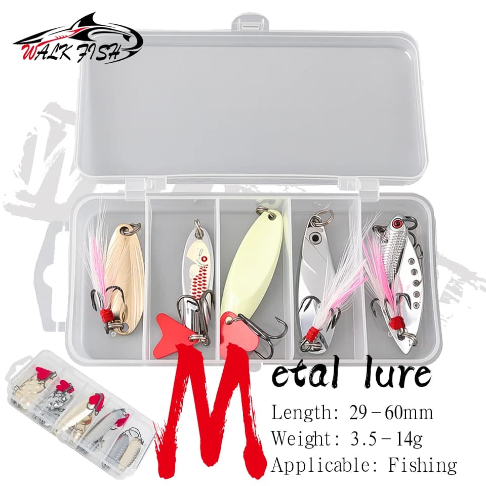 WALK FISH Set di 5/10 Esche da Pesca Tipo Spoon Spinner, Jig in Metallo Oro e Argento, Kit di Attrezzatura da Pesca per Acqua Dolce