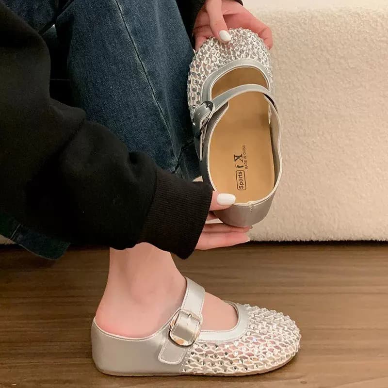 Sandali Casual da Donna alla Moda con Punta Rotonda e Strass, Nuovi Modelli Estivi 2026 Traspiranti