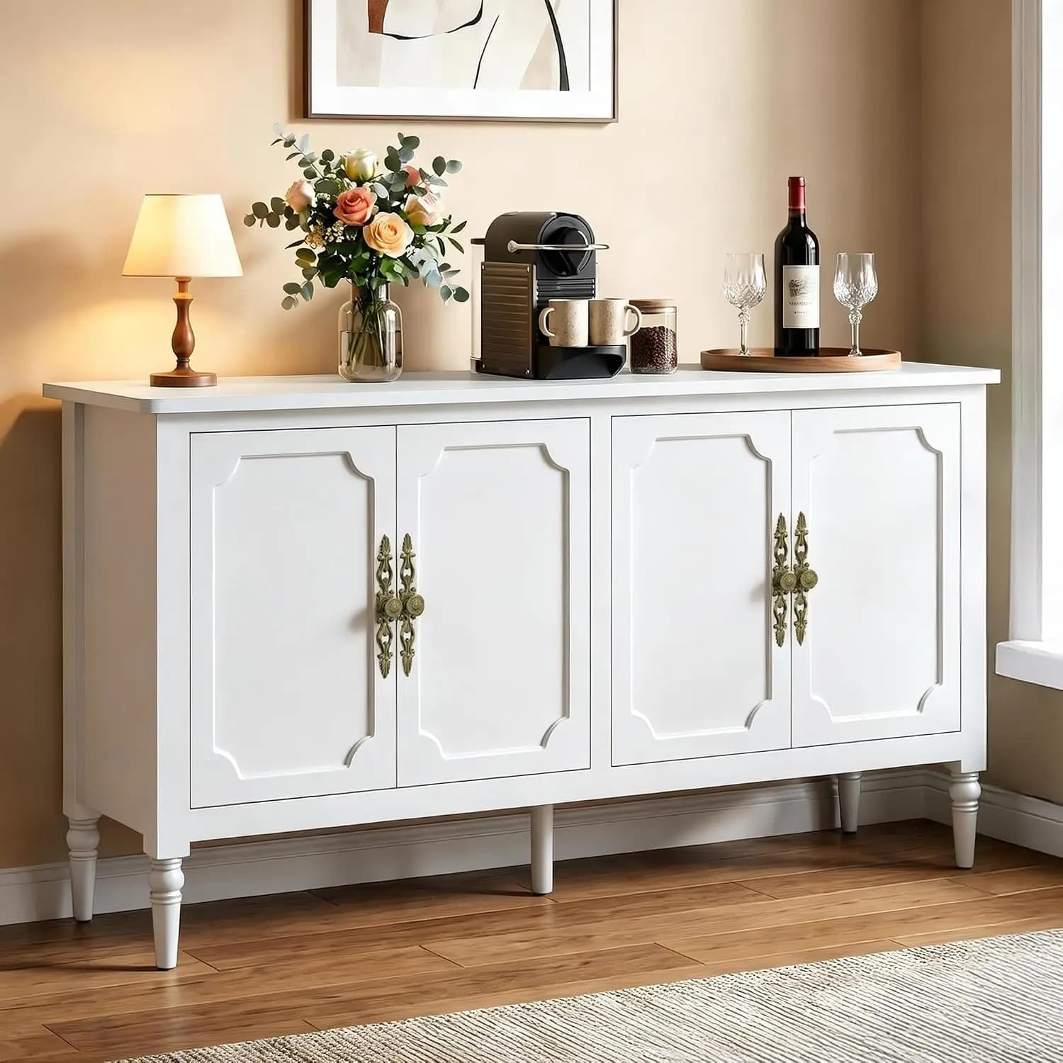 Buffet Cabinet with Storage, 59" Vintage Sideboard with Adjustable Shelves, Mid Century Modern Painted Credenza Coffee Bar