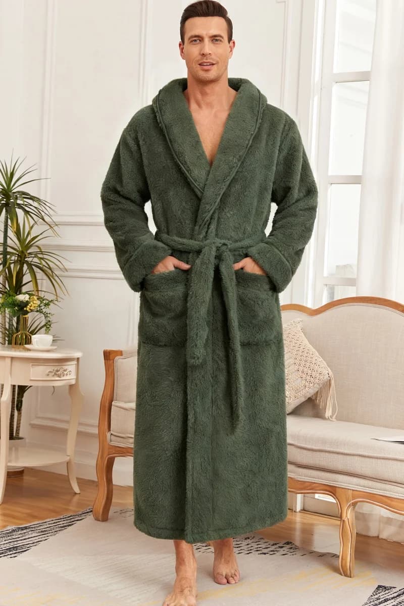 Accappatoio da uomo in morbido pile corallo, lungo, con collo a scialle, cintura e tasche, caldo e spesso, per l'inverno, per casa e notte