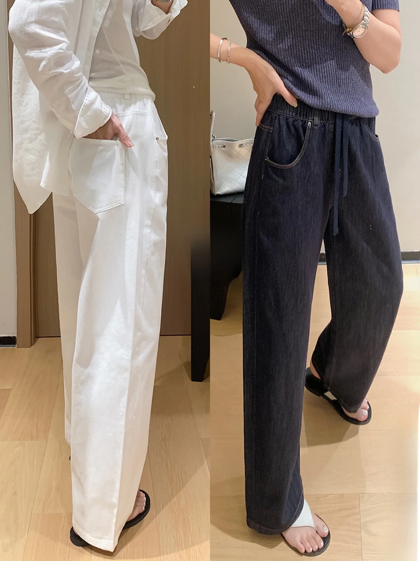 Jeans Larghi da Donna a Vita Alta in Misto Cotone Lenzing Lyocell con Elastico in Vita, Gamba Dritta Casual Primavera Estate