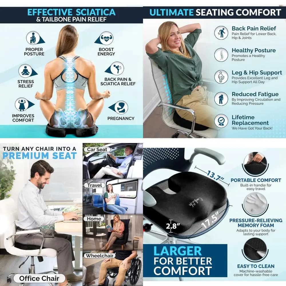 Cuscino Ergonomico in Gel e Memory Foam - Supporto Approvato dai Medici per Sedili da Ufficio e Auto - Allevia il Dolore alla Schiena e alla Sciatica (Nero)