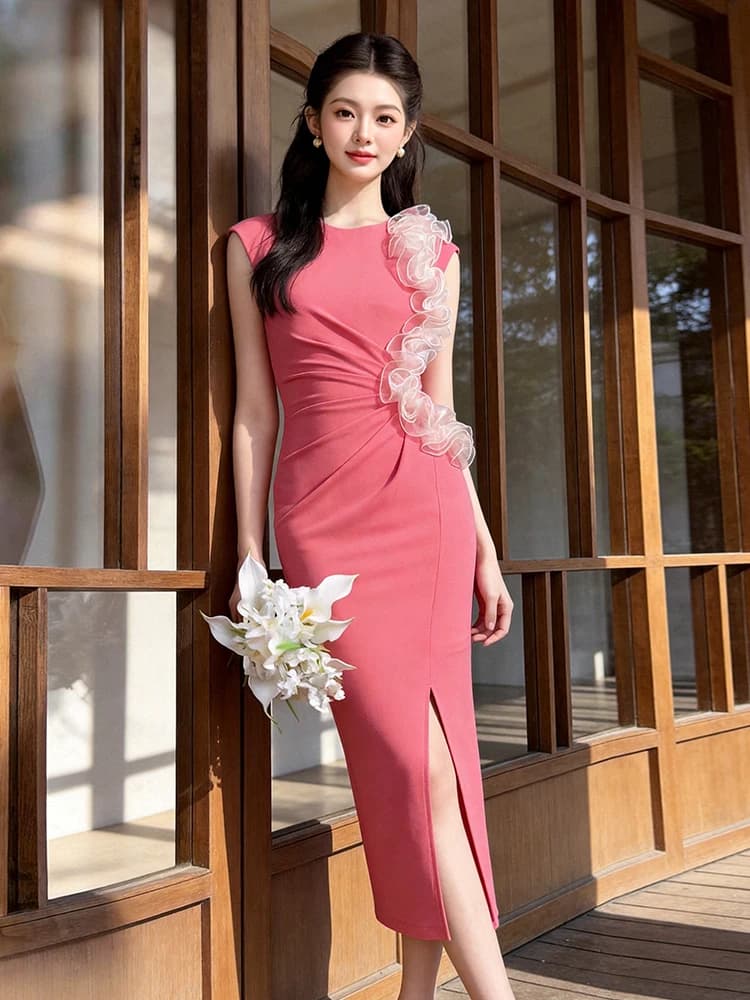 Elegant Pink 3D Ruffle O-Neck Midi Dress Summer Women Sleeveless Bodycon Slit Dresses Robe Formal Date Party Prom Evening Daily