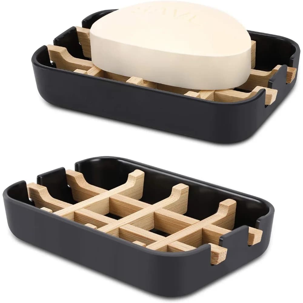 Bamboo Wooden Soap Dish with Drainage for Shower and Bathroom, Premium Bar Soap Holder for Sink Countertop Bathtub Shower Tray, Natural Eco-Friendly Rustic Organizer, Moisture-Resistant Quick-Dry Soap Saver with Slots,