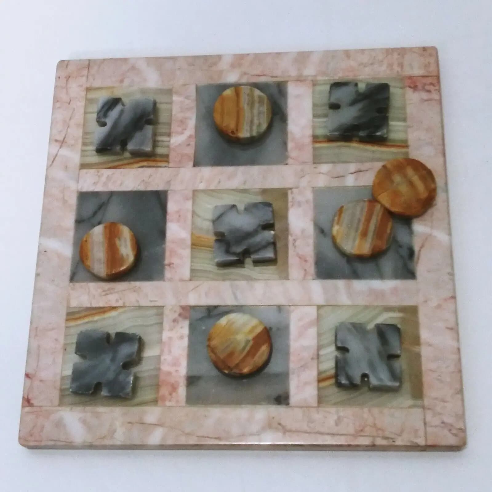 Square Light Green Onyx Modern Tic Tac Toe Board Handmade Stone Game Premium Set Living Room Dining/Kitchen Fire Resistant