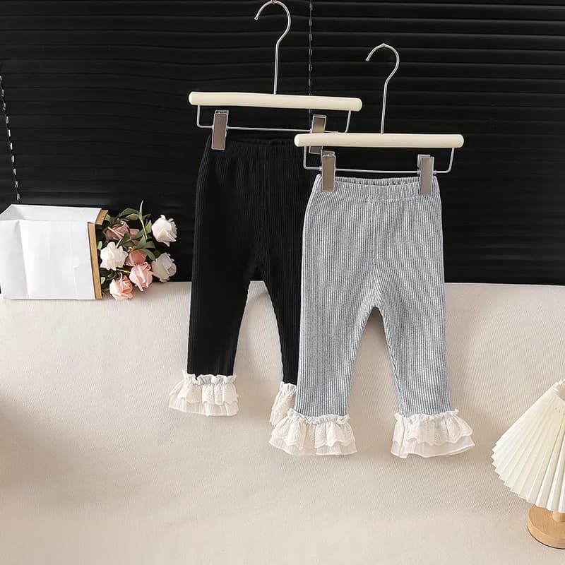Nuovi Pantaloni Primaverili per Bambine in Tinta Unita con Polsini in Pizzo, Leggings alla Moda in Cotone per Bambine