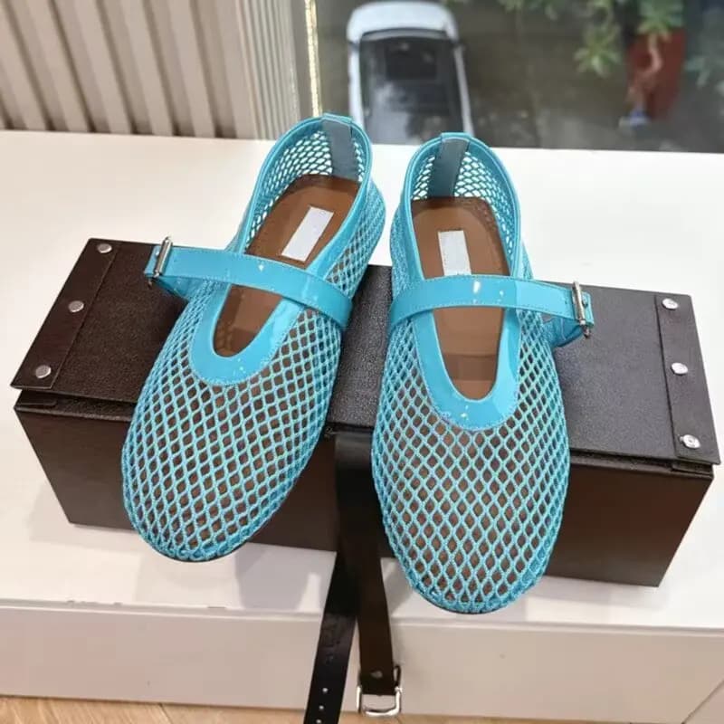 Scarpe da Balletto Originali di Marca Designer con Rete Stile Pesca, Scarpe Estive da Donna in Pelle con Fondo Piatto e Rete Traforata, Modello Mary Jane