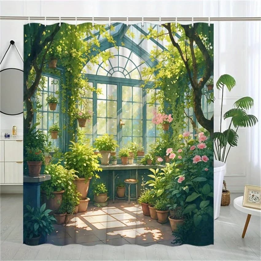 1 pz Tenda da Doccia per Giardino con Soffitto in Vetro Effetto Sole e Fiori Vivaci - Design Botanico ad Acquerello, Poliestere