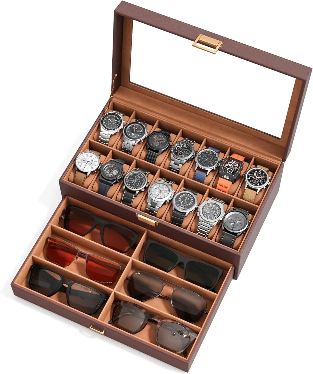 For Men – Organizer for watches with 14 compartments and 6 compartment eyewear, true 2-layer PU glass lid