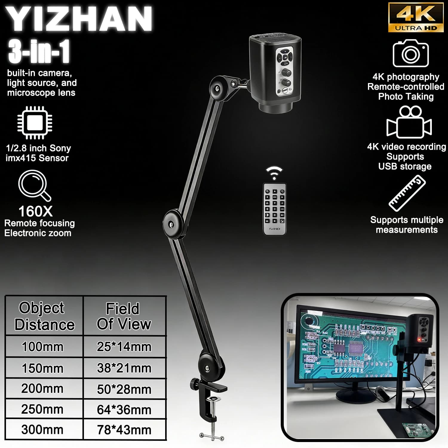 YIZHAN microscopio digitale per elettronica 3 in 1 4K, Microscopio digitale 160X con lunga distanza di lavoro, funzione di zoom elettronico, messafoco a distanza