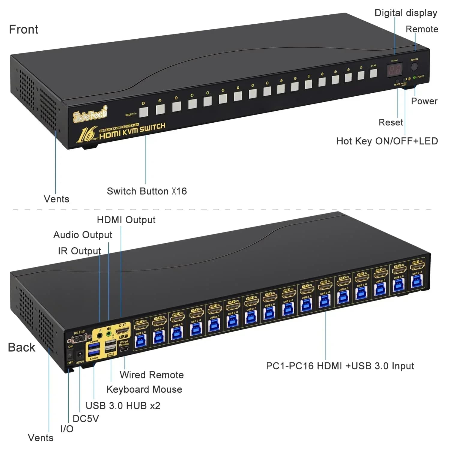Disponibile JideTech Switch KVM HDMI 16x1 con HUB USB 3.0, Switcher HDMI 4K, Risoluzione 4K 60Hz, Montaggio a Rack, HDCP, EDID, Hotkey, Mouse