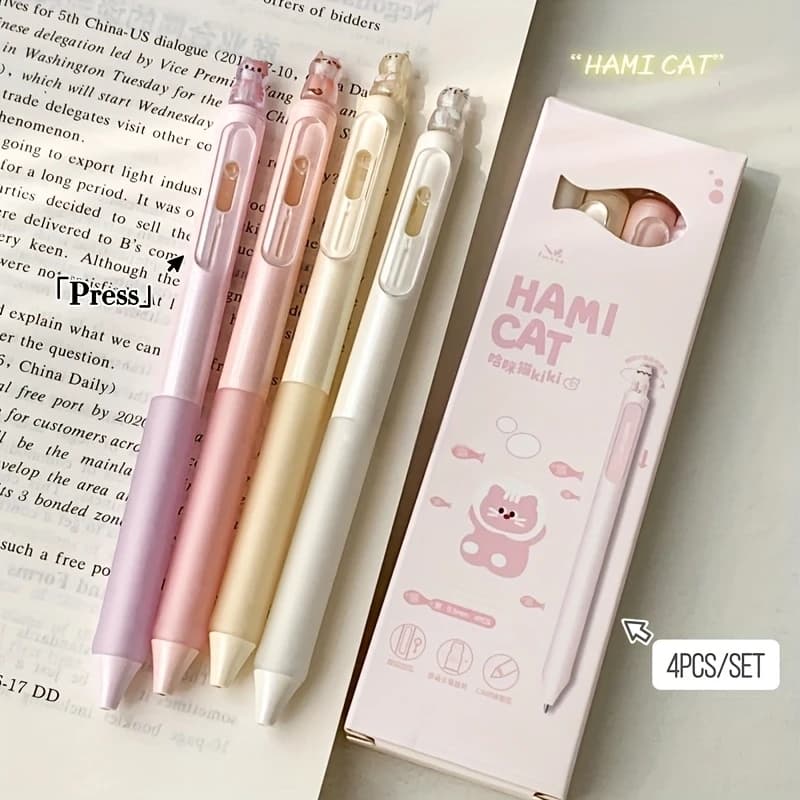 4Pcs Creative Cat-Style 0.5mm Quick-Drying Press-Type Gel Pens Office Supplies Black Gel Pens