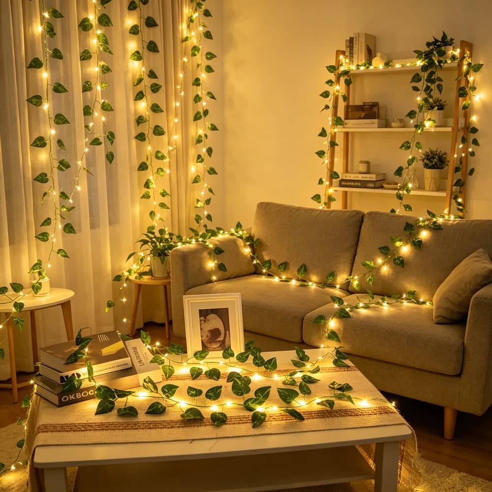 Luci LED da Giardino 2M/5M, Ghirlanda a Foglie Verdi per Decorazione Natalizia, Matrimoni, Casa, Camera da Letto, Patio, Funzionamento a Batteria