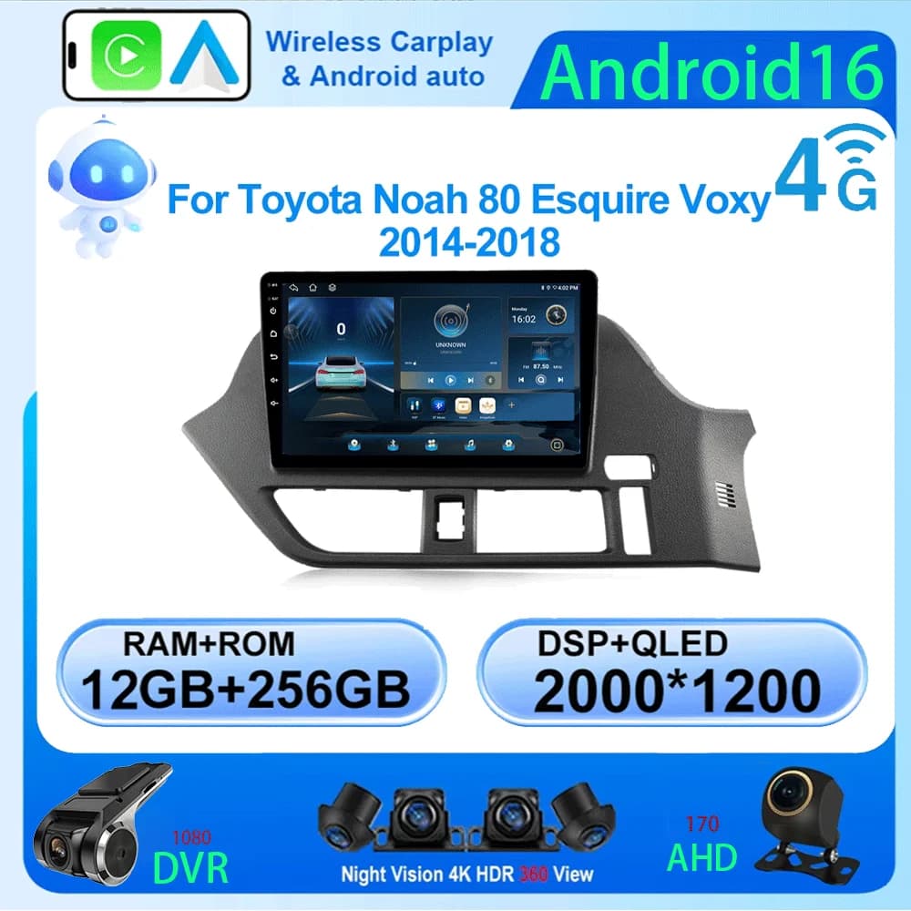 Android 16 per Toyota Noah 80 Esquire Voxy 2014-2018 Carplay Autoradio Navigazione Multimedia Player Stereo 4G video BT DVD 2DIN