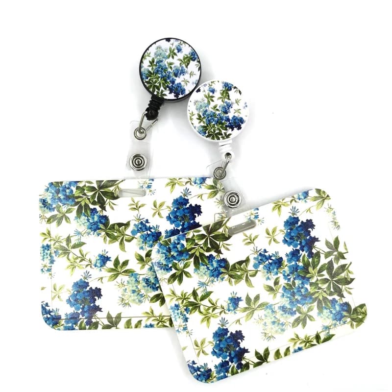 Blue Green Flowers ID Door Badge Retractable Coil ID Door Badge Clip Keychain for Card Name Keychain Nurse Job Decoration