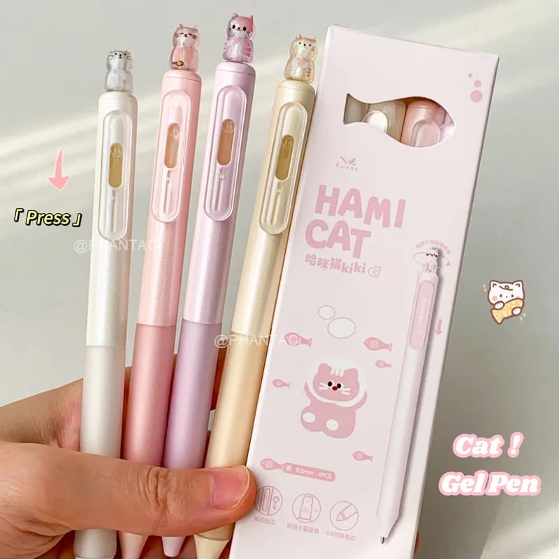 Set di 4 Penne Gel Creative a Forma di Gatto, 0.5MM, Asciugatura Rapida, Penna a Pressione con Clip, Forniture per Ufficio, Penna Gel Nera