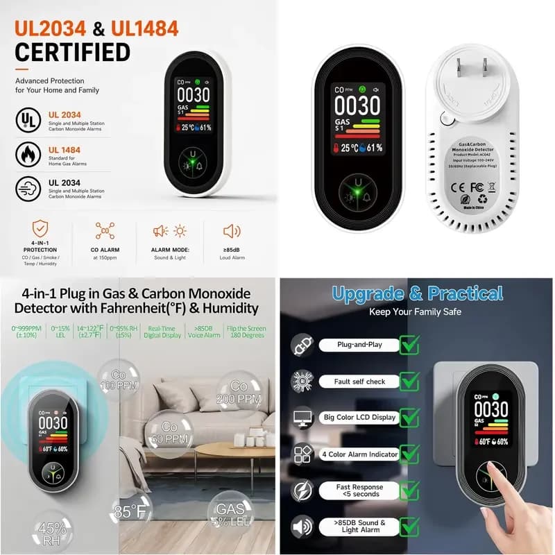 For OEM 4-in-1 Plug-in Detector Combustible Leak Detector Carbon Monoxide Alarm with LCD Screen