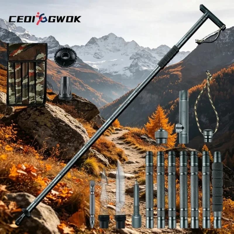 CEOI GWOK Multi Function Adjustable Trekking Poles T Handle Foldable Walking Stick Mountain Climbing Hiking Professional Gear